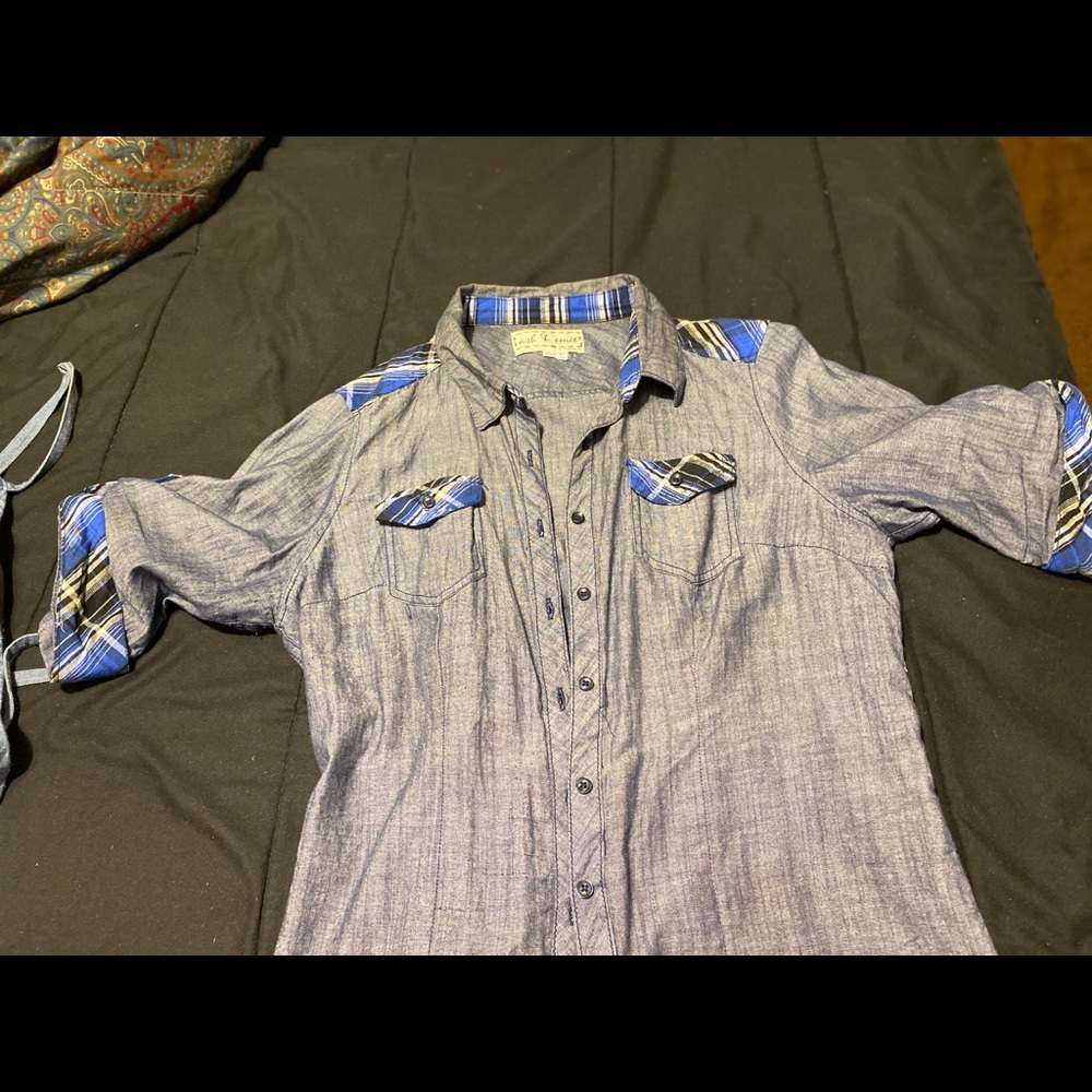 Ladies denim  shirt with plaid detailing